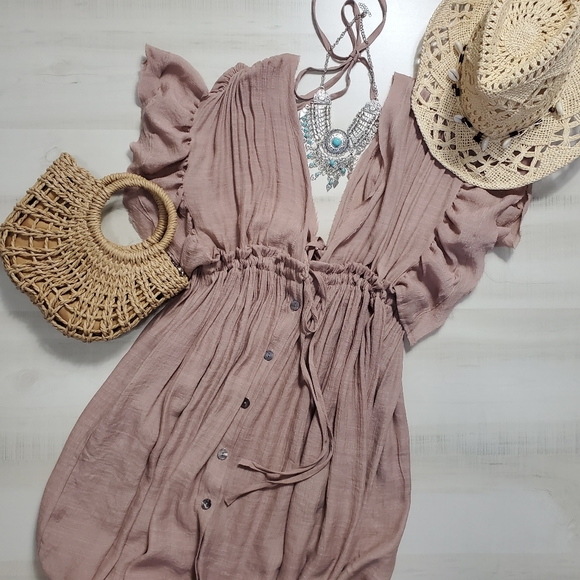 NEW Boho Plunge Gauze Cover Up Maxi Dress Button Front Nude Blush Beige Tan - Picture 5 of 10